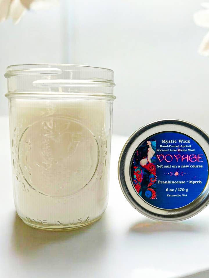 Frankincense & Myrrh - (Voyage) Apricot/Coconut Wax - Mason Jar Candle 6 oz. for wholesale by Mystic Wick LLC
