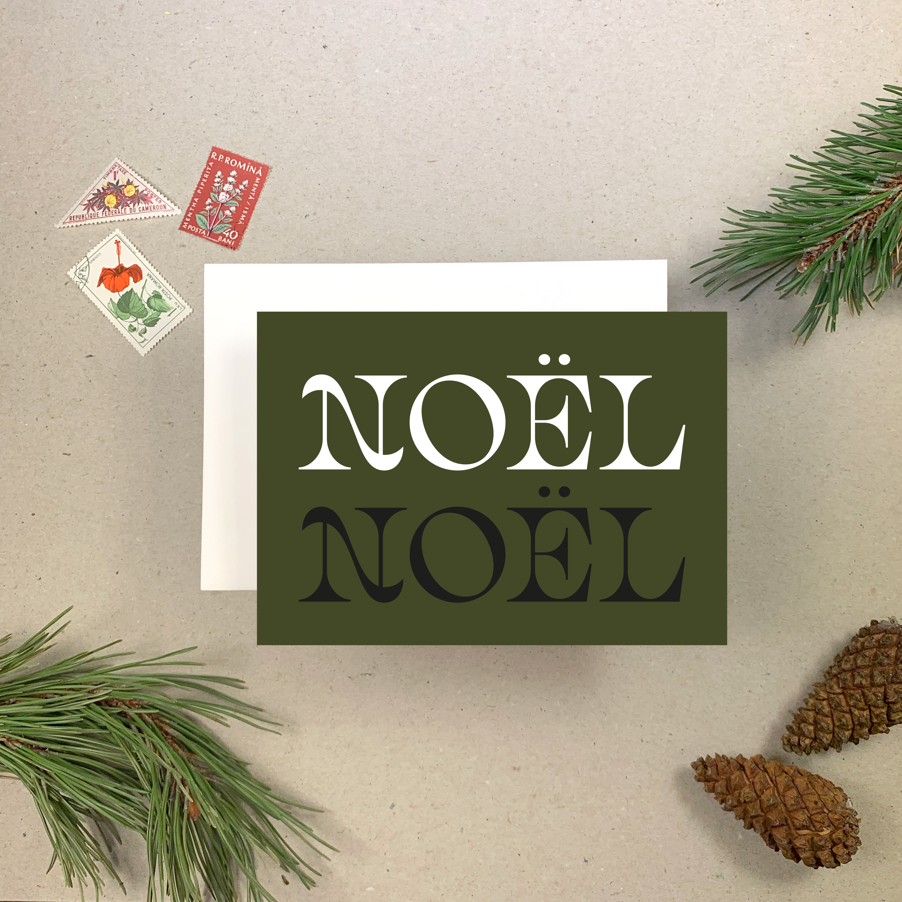 IMOGEN OWEN - Wholesale Christmas Card - NOEL CHARITY CARD IN OLIVE0