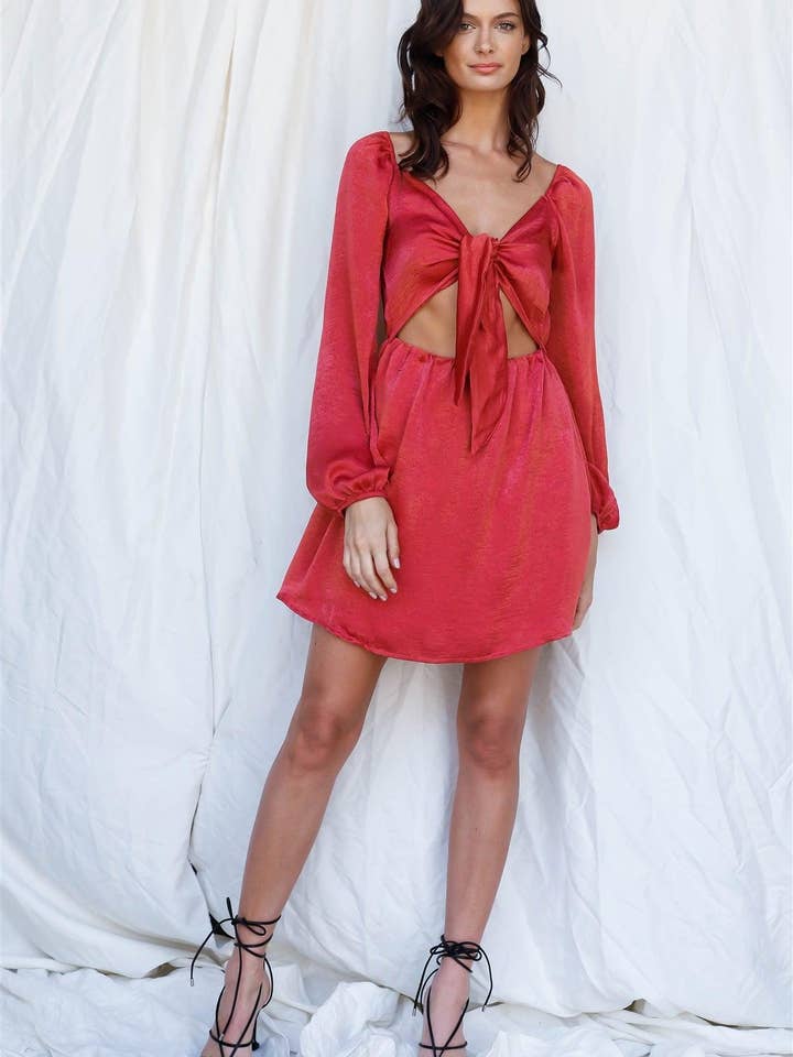 Marsala Red Textured Satin Effect Cut-Out Self-Tie Detail Mini Dress /3-2-1 for wholesale on Faire2