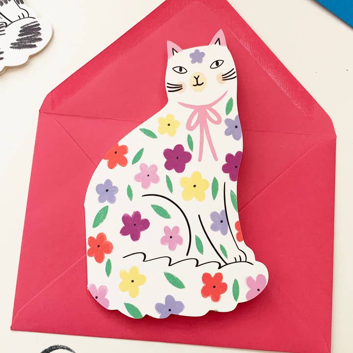 Kitty Kenda Papergoods - Wholesale Birthday card - Sitting Kitty Floral Shaped Cat Greeting Card1