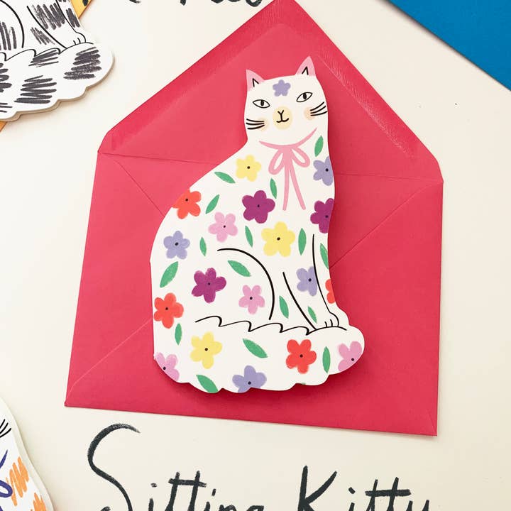 Kitty Kenda Papergoods - Wholesale Birthday Card - Sitting Kitty Floral Shaped Cat Greeting Card