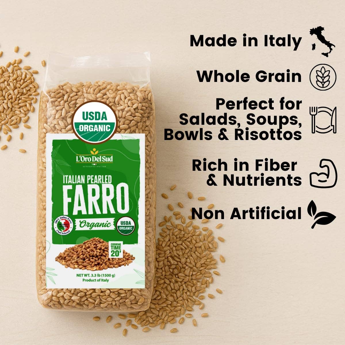 Wholesale Italian Food - Wholesale Whole Grains - L’Oro Del Sud, Organic Italian Pearled Farro, 3.2 lb (1.5 kg)2