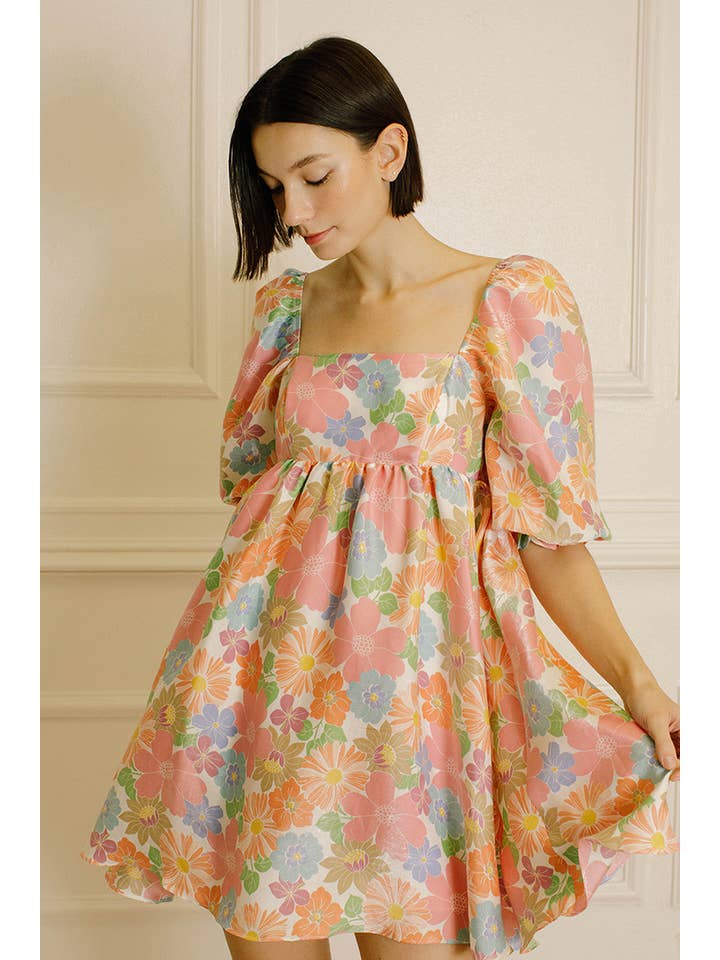 Multi Floral JD2443-48- Bright multi-color Floral/Satin Baby Doll Dress for wholesale on Faire