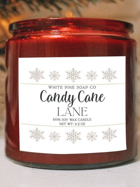 Candy Cane Lane 13 oz Soy Wax Candle | Holiday Christmas Winter Seasonal for wholesale by White Pine Soap Company