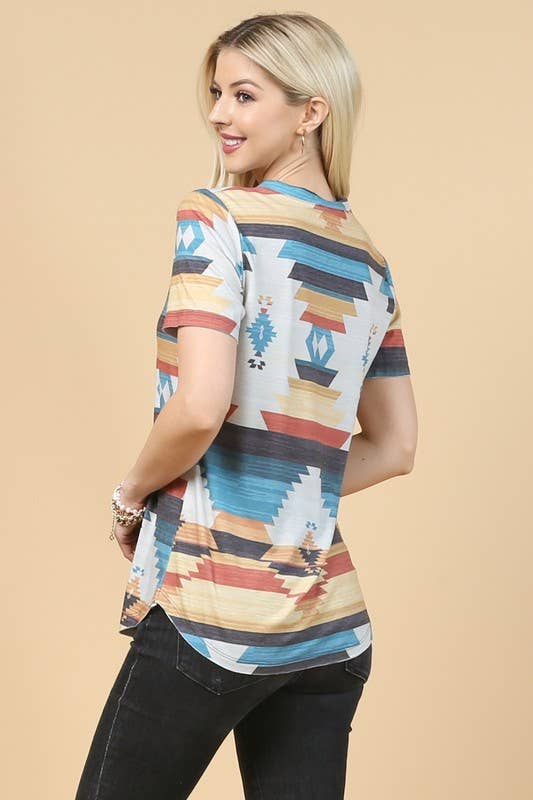 Avery - Wholesale T-Shirt - Women's - AV407-KACY AZTEC PRINT V NECK TOP9