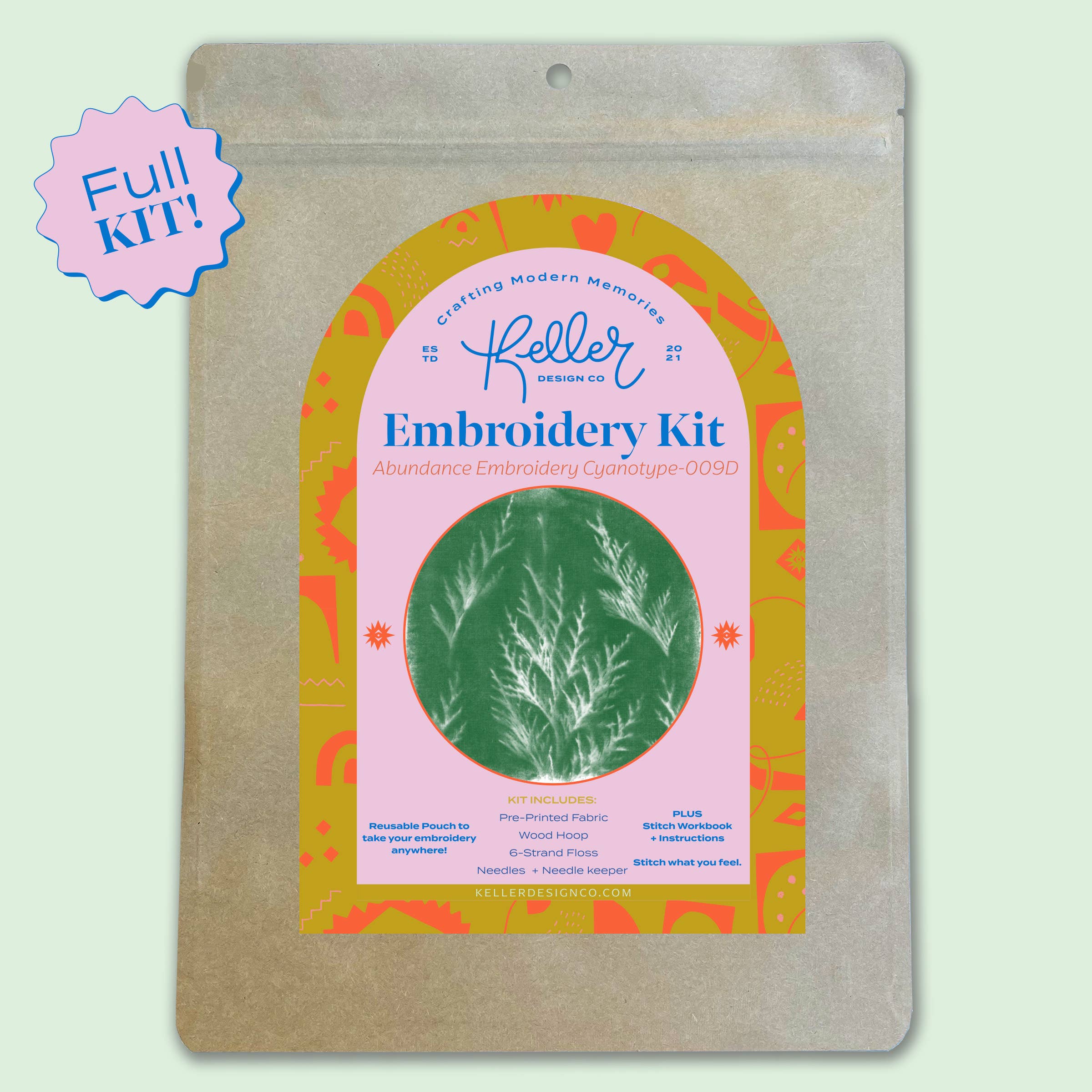 Keller Design Co. - Wholesale Embroidery/Cross Stitch Supplies - Cyanotype Nature Abundance (Green) Embroidery Kit1