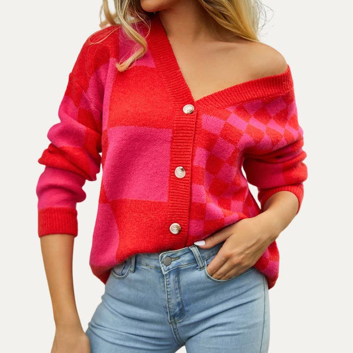 The Moment Collection - Wholesale Cardigan - Women's - Trendy Geometrical Pattern Button-Up Cardigan Sweater