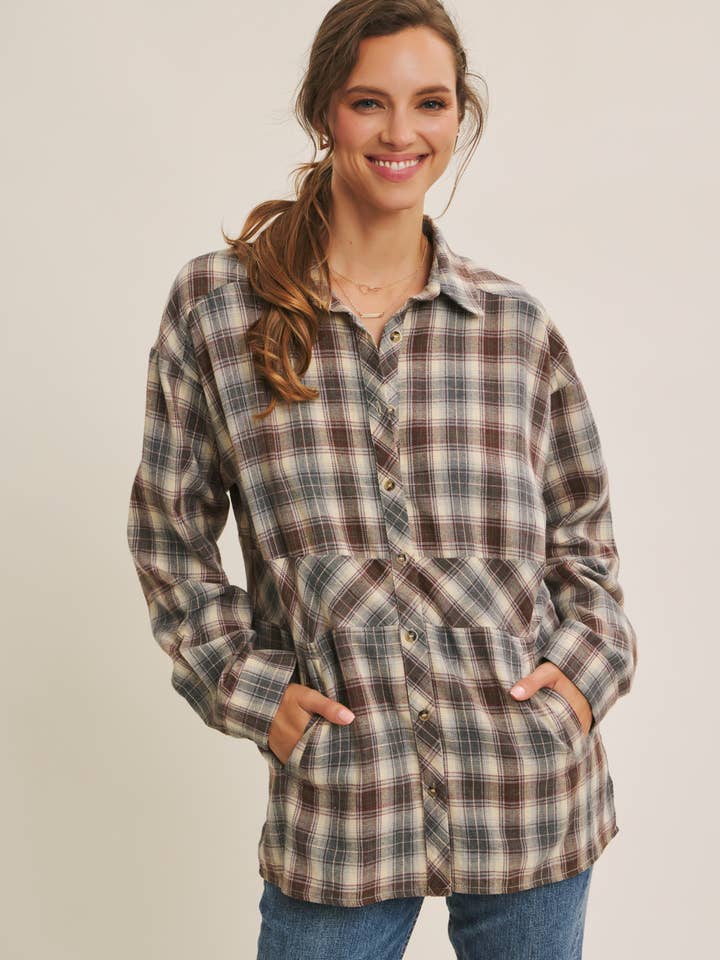 WESTERN FLAIR PLAID SHACKET WITH BIAS WAIST DETAIL for wholesale by in february