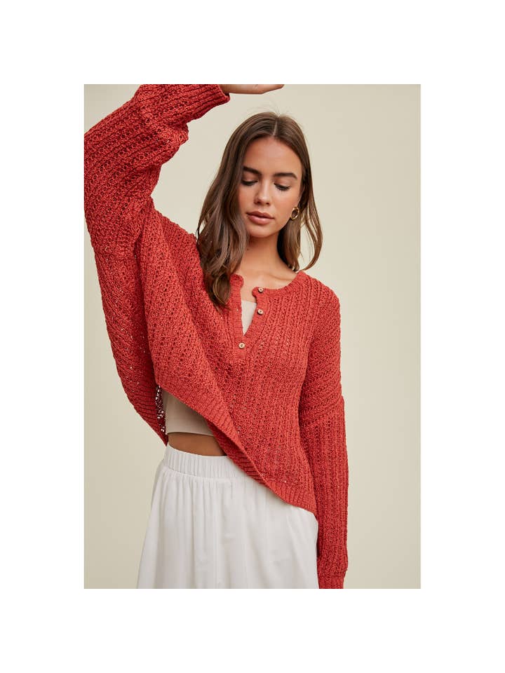 Wishlist Apparel - Wholesale Knit Sweater - Women's - BUTTON-UP RELAXED CROP CROCHET SWEATER / WL23-8435