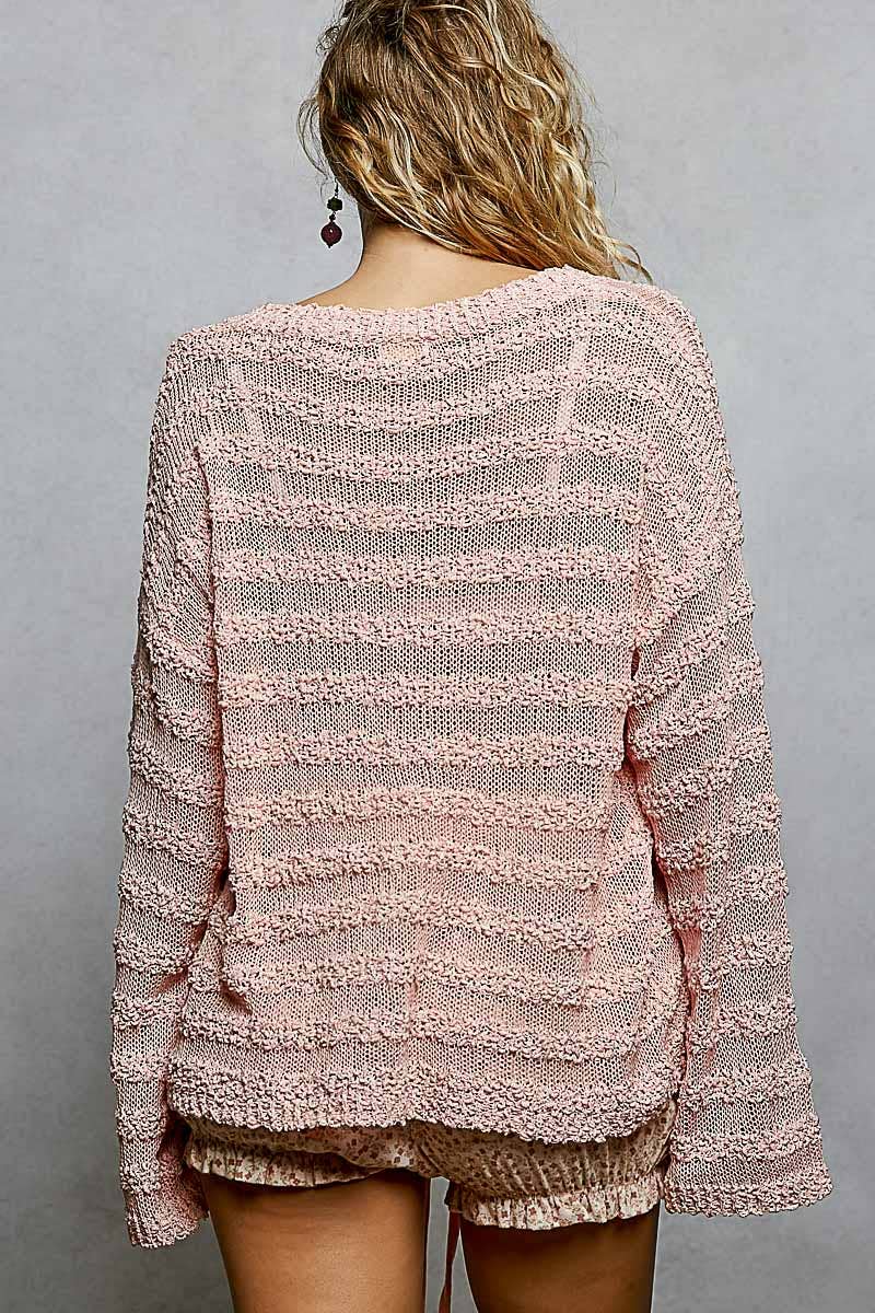 Pol Clothing - Wholesale Knit Sweater - Women's - V Neck Long Sleeve Striped Knit Acrylic Thin Sweater SALE15