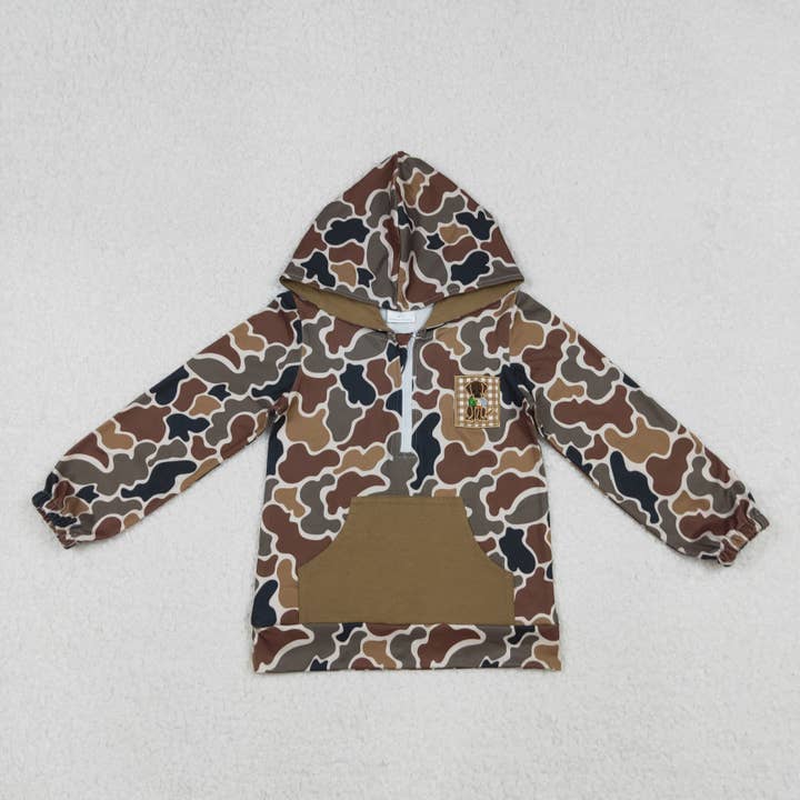 Embroidery Dog Duck Baby Boys Brown Camo Pocket Zip Hunting Hoodies for wholesale by Aier Wholesale