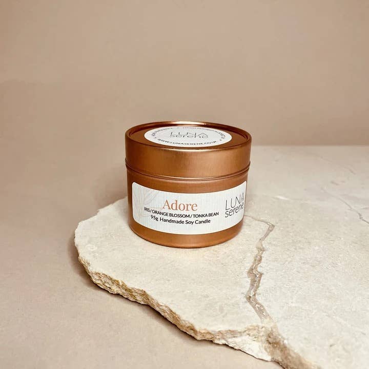 Adore | Rose Gold Travel Tin Candle for wholesale by Luna Serene Candles