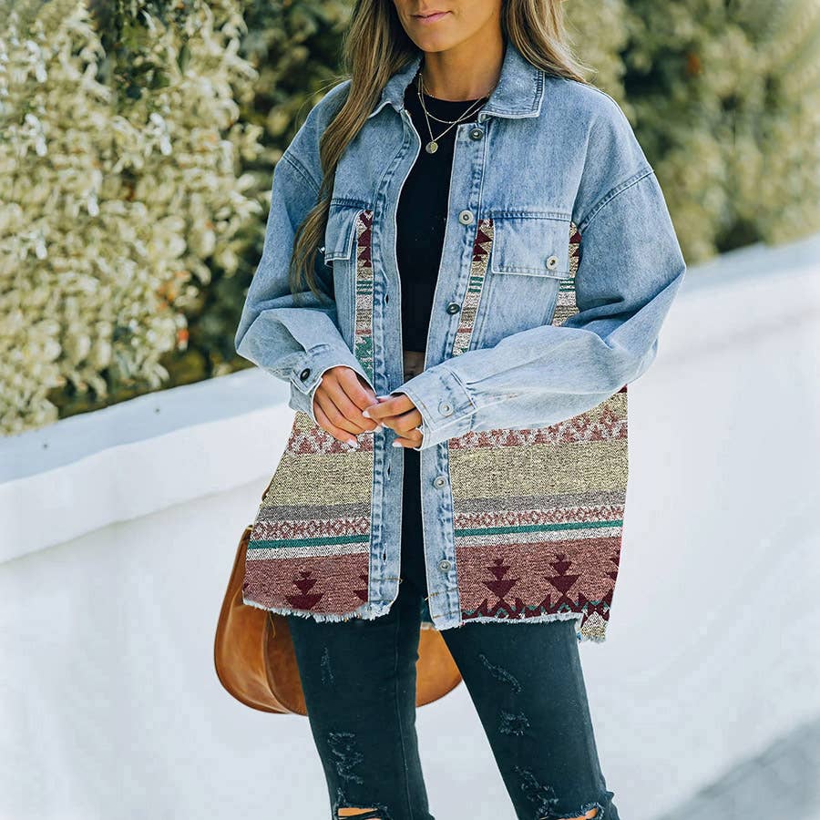 Rosa Clothing - Wholesale Denim Jacket - Women's - Vintage Ethnic AZTEC patchwork oversized denim jacket14