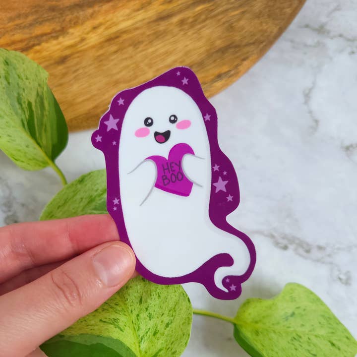 Hey Boo Ghost Vinyl Sticker, 3.5x2.5" for wholesale by Chez Louie Designs