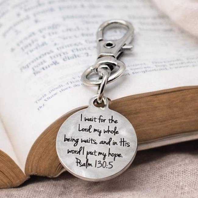 Psalm 130 5 Clip On Charm Christian Bible Verse Charm Stainless Steel Engraved Charm Lobster Clasp Bag Zipper Pull Gift for wholesale by JKCE Designs