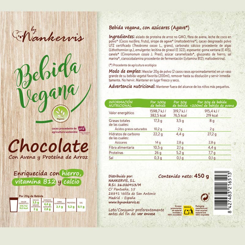 Nankervis - Wholesale Powdered Health Drink - Vegan drink Chocolate with oats and rice protein 450g1