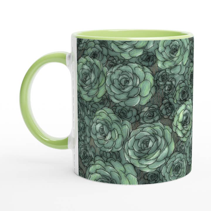 Succulent Pattern Green 11oz Ceramic Mug with Color Inside for wholesale by Los Angeles Mercantile™