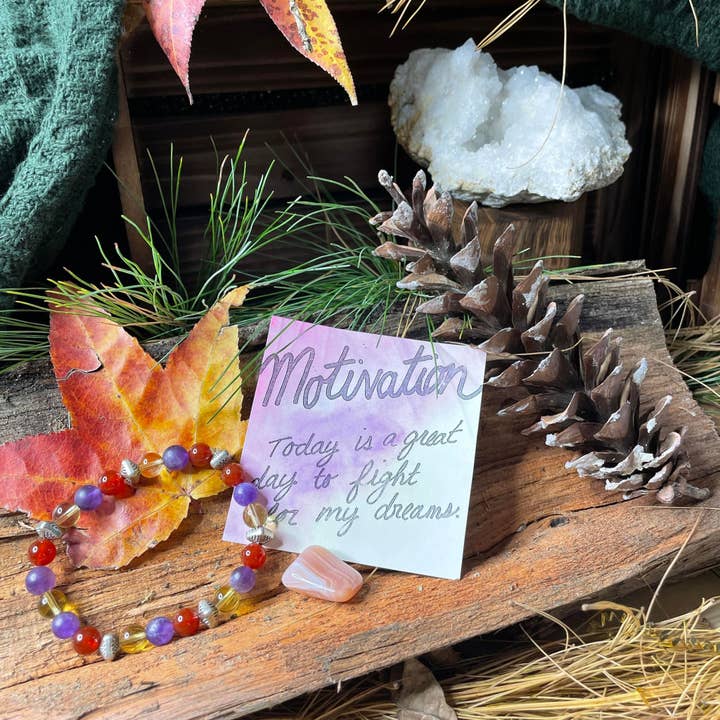 MOTIVATION MOTIVATE Beaded Bracelet Carnelian Citrine Amethyst FEELINGS Collection Intention Affirmations Handcrafted Boho Hippie Chic for wholesale by PetrichorKC