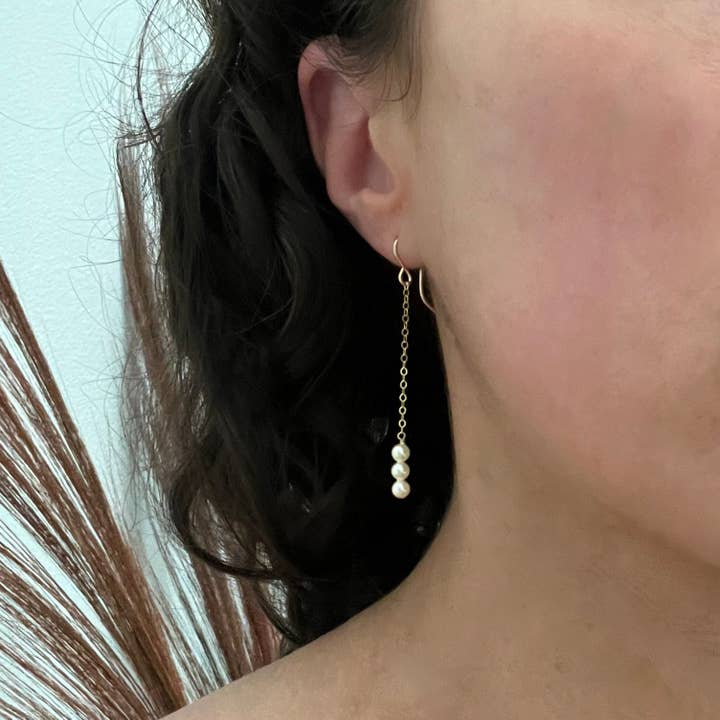 3 Pearl Linear Drops, Elegant Movement Swarovski Earrings for wholesale by Sela+Sage