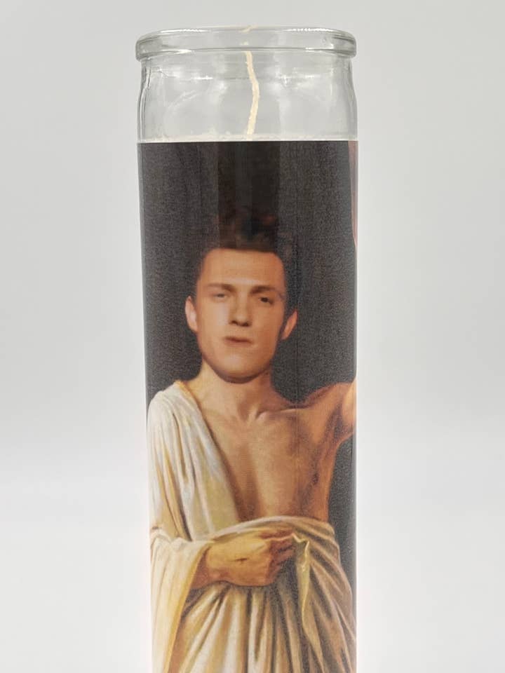Tom Holland Prayer Candle for wholesale by Rustbelt Cooperative