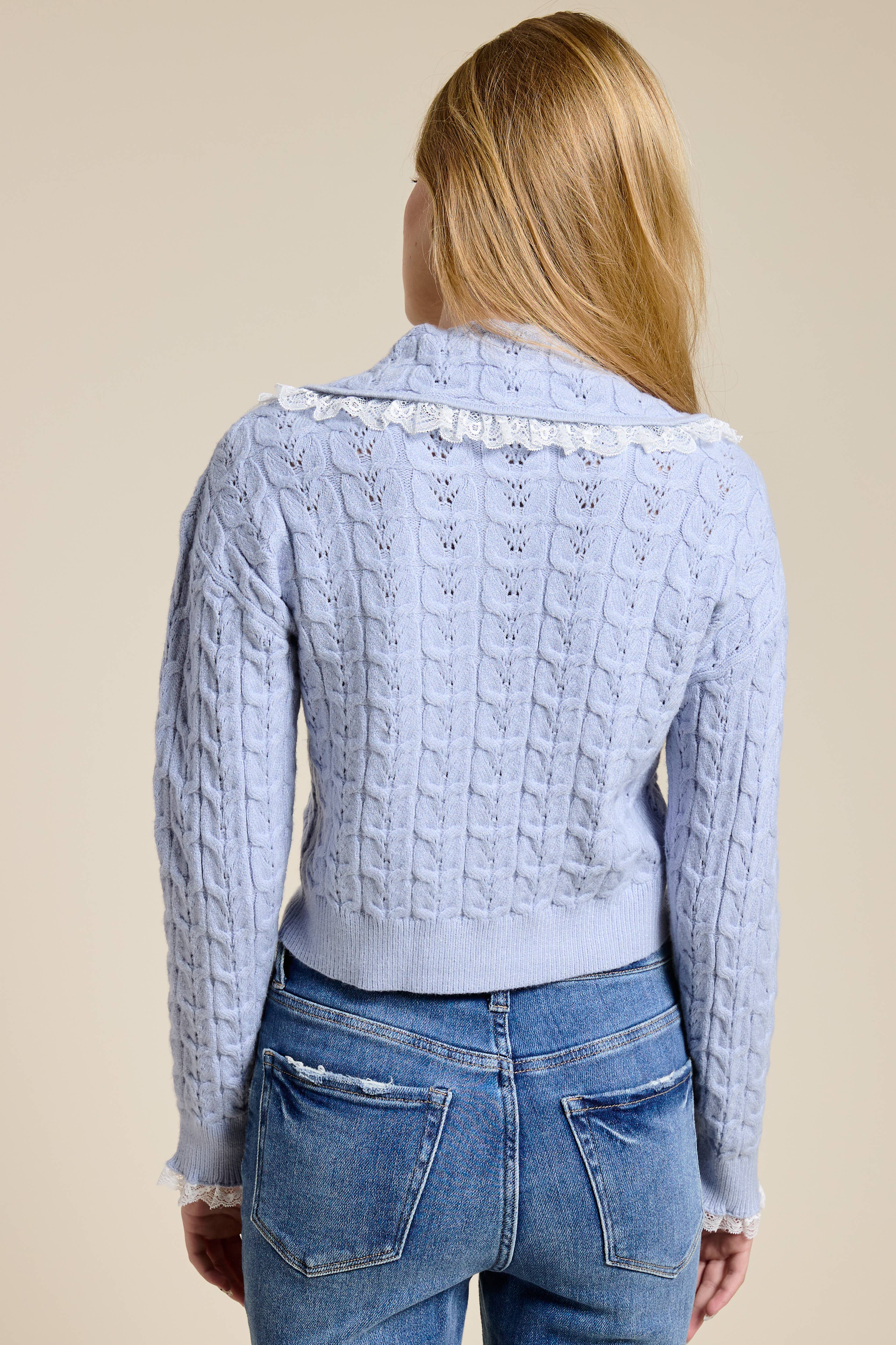 Mimosa - Wholesale Cardigan - Women's - Lace Trim Collar Cable Knit Cardigan8