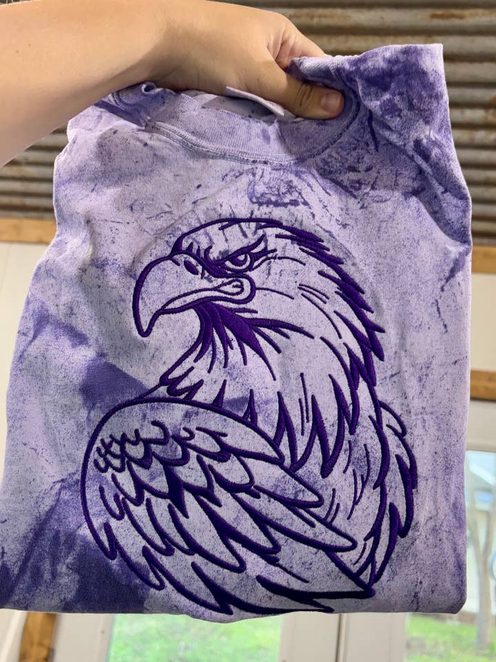 Camiseta vintage bordada con mascota de águilas y explosión de color. para venta al por mayor de Chicken Scratch Design Co.