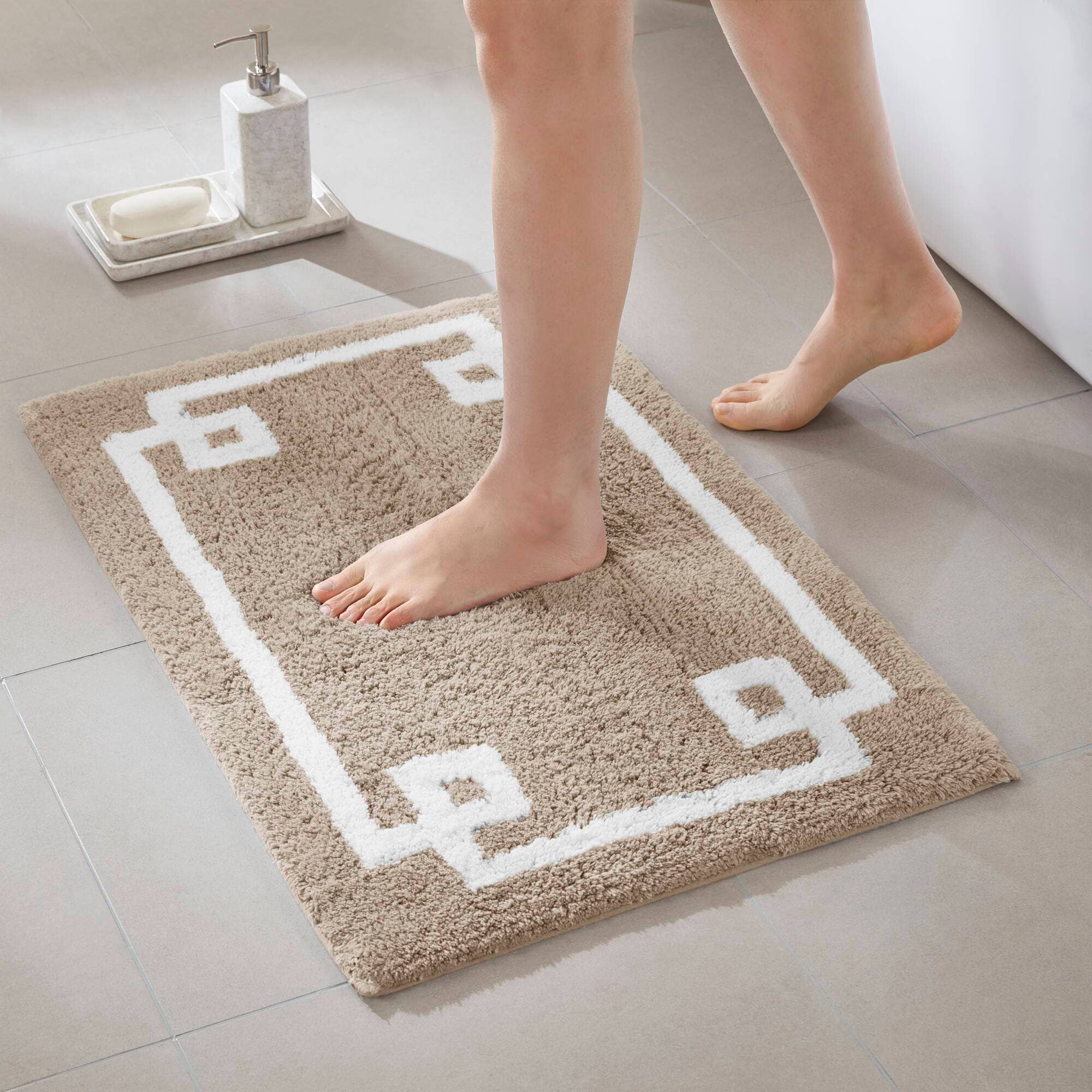 Olliix - Wholesale Bath Mat - High Pile Bordered Bathroom Rug, Taupe4
