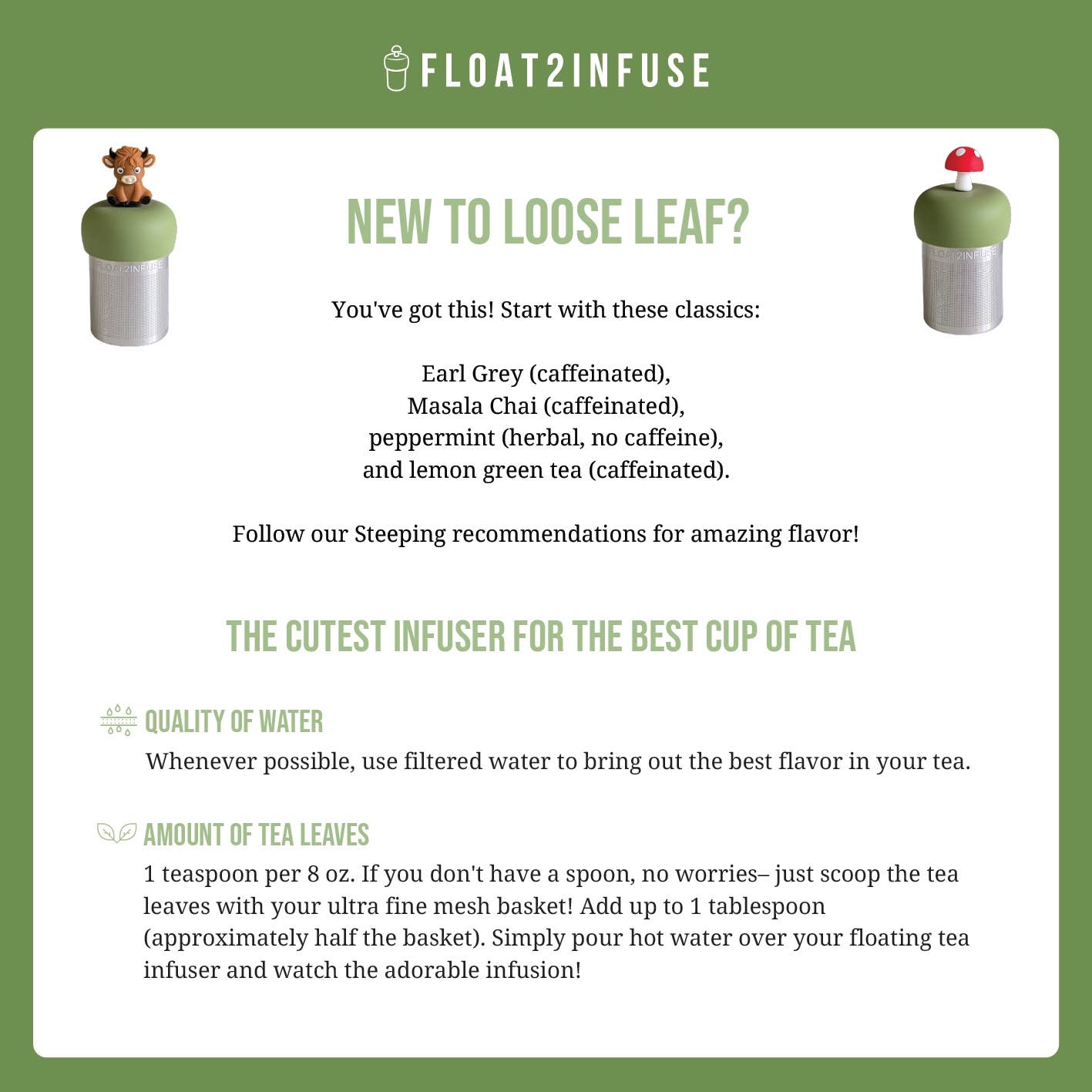 Float2infuse Tea Infuser - Wholesale Tea Strainer/Infuser - Hexagon | Floating Tea Steeper | Green Base | Herb Pattern17
