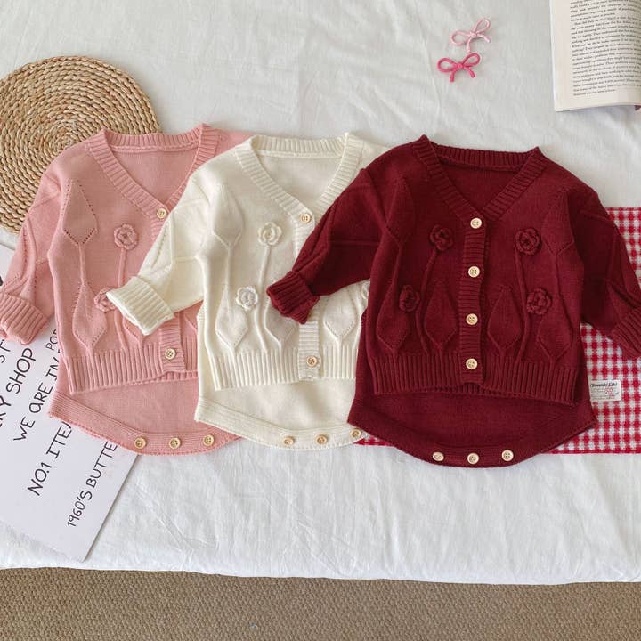 Set di abbigliamento in maglia per bambine e neonate invernale e autunnale con cardigan a maniche lunghe e body senza maniche con motivo jacquard a fiori. per la vendita all'ingrosso da parte di MyKids-USA®