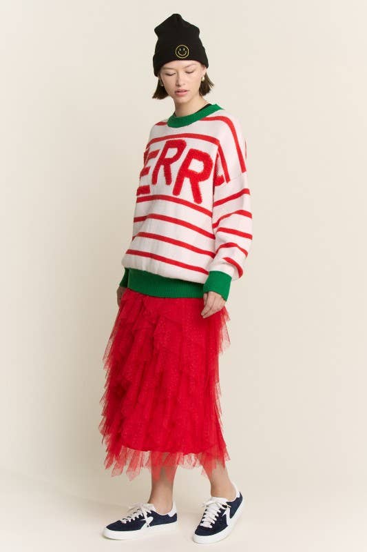 WHITE RED PLUS SIZE STRIPED CHRISTMAS MERRY SWEATER for wholesale on Faire0