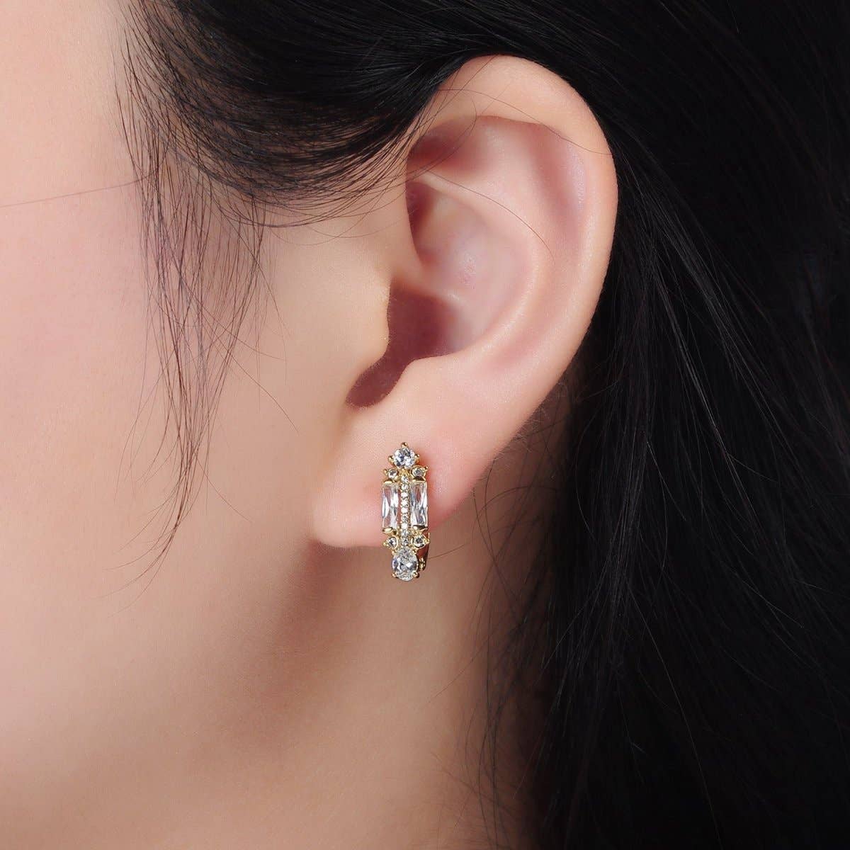 Aim Eternal - Wholesale Huggie Earrings - 14K Gold Filled CZ Micro Paved Baguette English Lock Earrings | AD6171