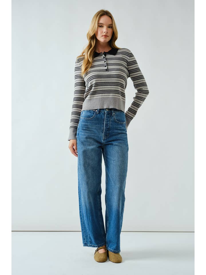 Aaron & Amber - Wholesale Polo - Women's - AJT5193 TIMELESS STRIPED POLO SWEATER TOP4