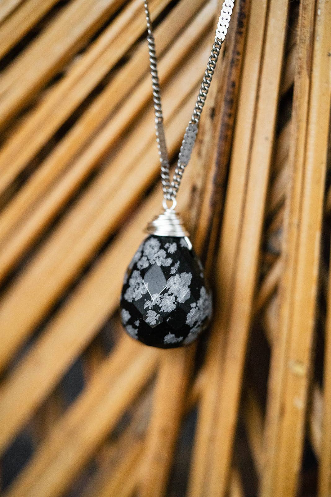 Bella Vita Jewelry - Wholesale Pendant/Charm Necklace - Zara Natural Stone Drop Necklace | Snowflake Obsidian1