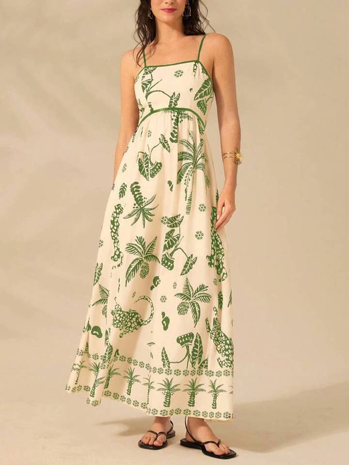 GREEN Tropical Print Maxi Dress with Spaghetti Straps for wholesale on Faire1