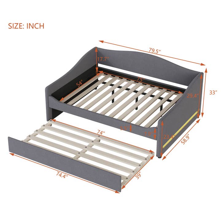 Gray Teddy Fleece Upholstered Daybed with Light and Trundle for wholesale on Faire6