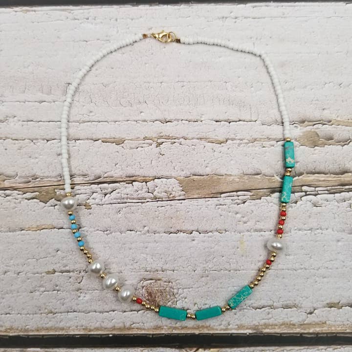 Treasure Wholesale - Wholesale Beaded/Pearl Necklace - Boho Natural stone bead Pearl Necklace0