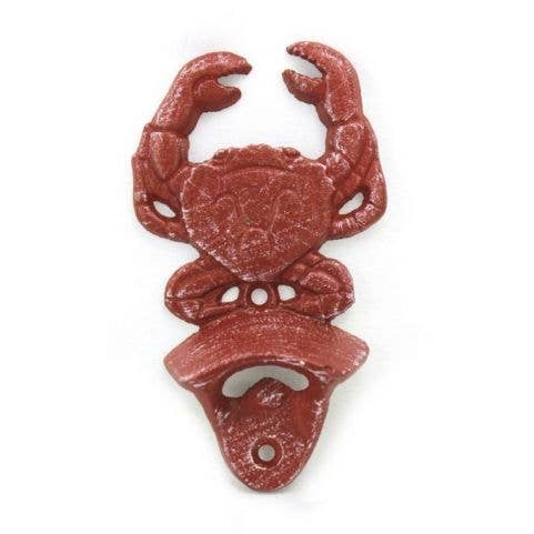 Red Whitewashed Cast Iron Wall Mounted Crab Bottle Opener 6" for wholesale by Hampton Ironworks