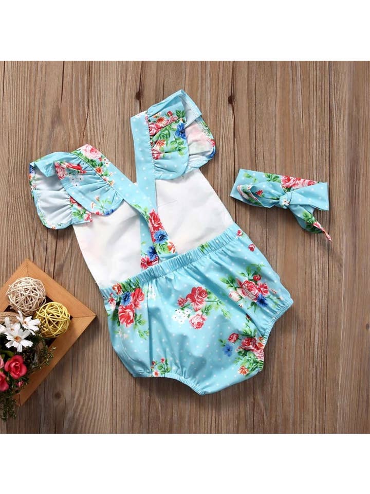Fennco Styles - Wholesale Bodysuit (Non-Footed) - Baby - Blue Floral Print Ruffle Backless Baby Romper3