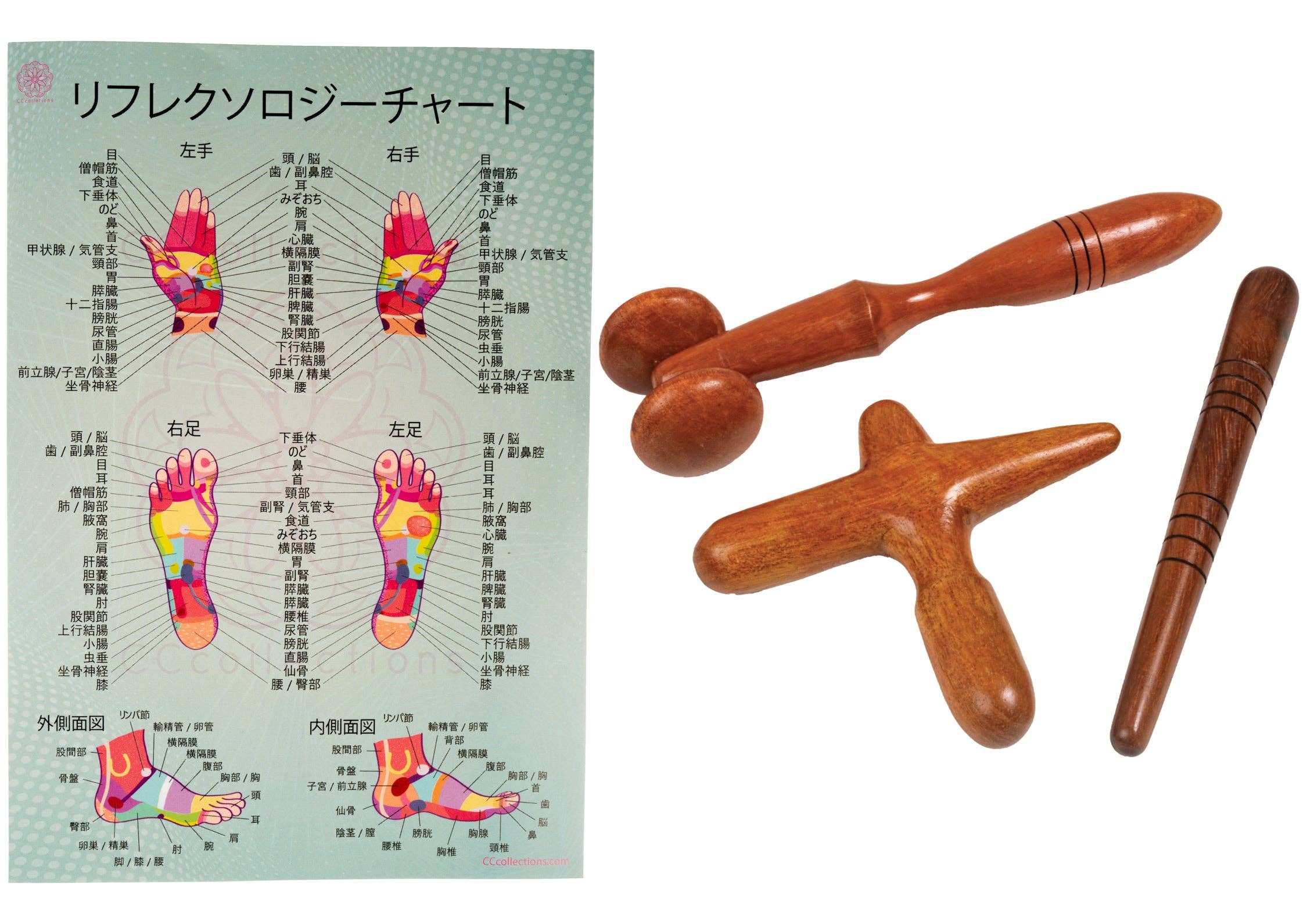 CCcollections – Großhandel Massagegeräte – Professionelles Set aus Holz-Massagewerkzeugen mit Reflexzonen-Diagramm5