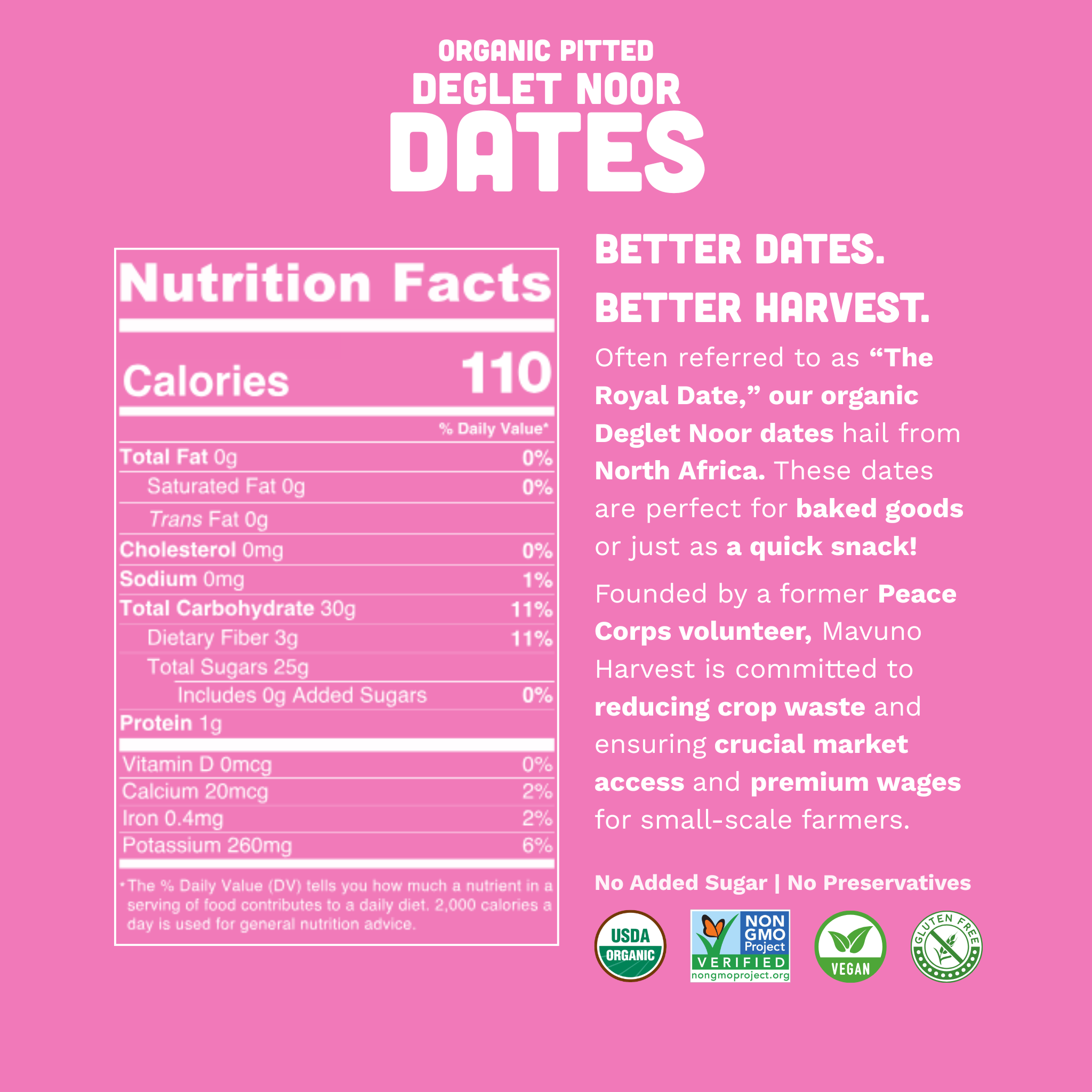 Mavuno Harvest Organics - Wholesale Dried/Dehydrated Fruit - Organic Pitted Dates, 6-pack case1