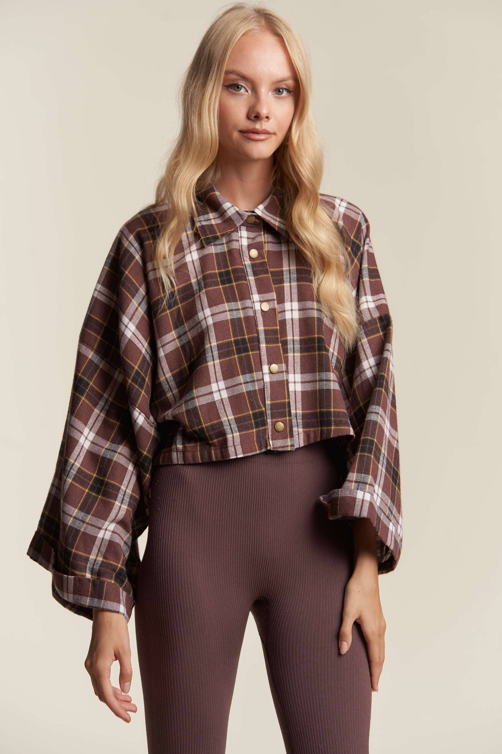 BROWN COMBO WIDE SLEEVE SNAP BUTTON DOWN PLAID SHIRT JACKET for wholesale on Faire8