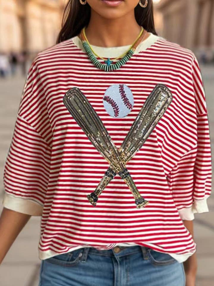 Full Size Baseball & Stripes Round Neck Half Sleeve T-Shirt for wholesale by Beyond Apparel