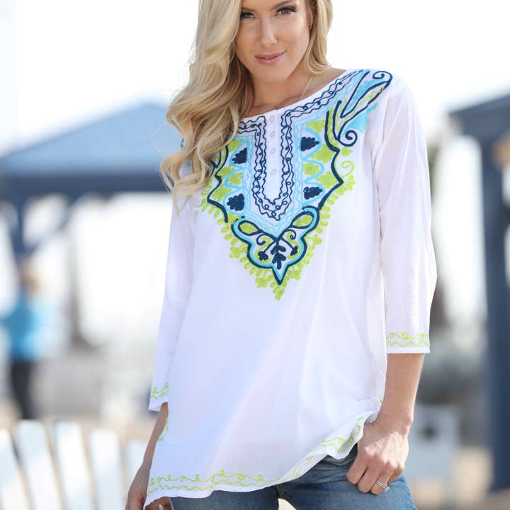 Ananda's Fashion - Wholesale Tunic - Women's - White Handmade100% Cotton Embroidered White Orange Tunic Top3