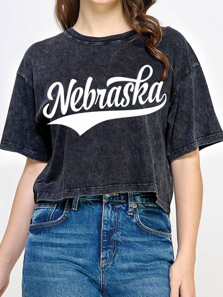 NEBRASKA PUFF MINERAL GRAPHIC LONG CROP TOP for wholesale by Rustee Clothing