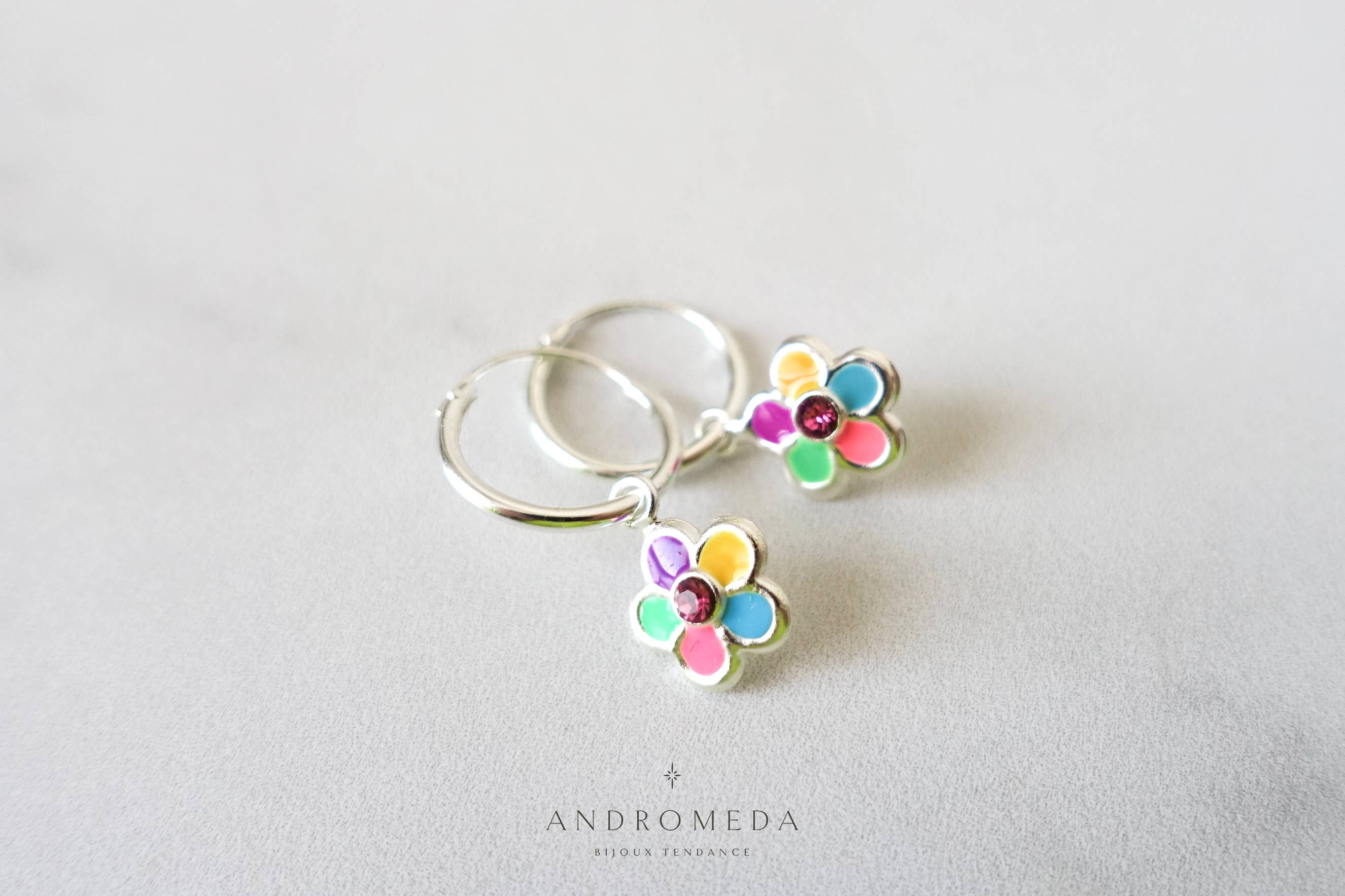 Andromeda Bijoux - Wholesale Huggie Earrings - Enamel Flower Huggies, Colorful Crystal 925 Silver Earrings0