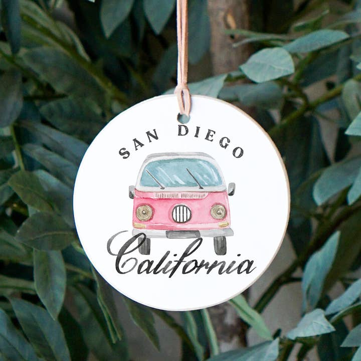White 4" Round Ornament-Pink Van San Diego, California for wholesale on Faire