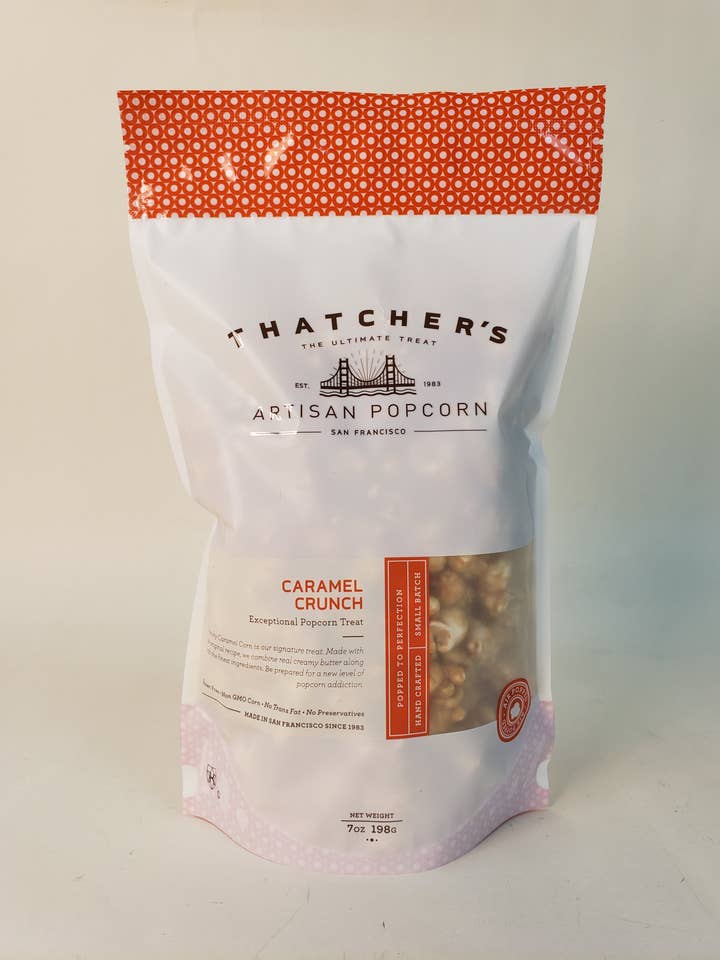 CARAMEL CRUNCH POUCH 7OZ POPCORN for wholesale by Thatcher's Gourmet Popcorn