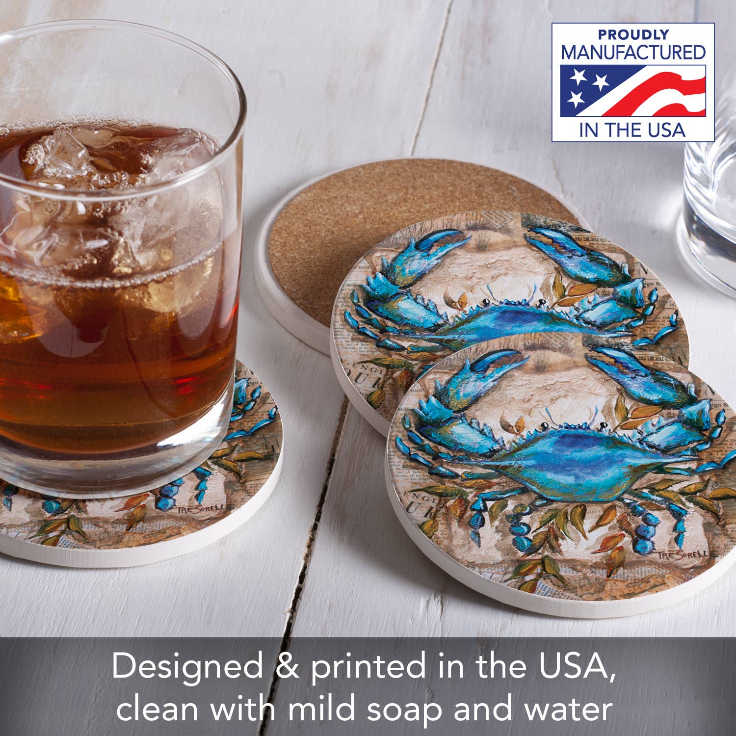 CounterArt/Highland Home/Thirstystone - Wholesale Coasters - Thirstystone "Blue Crab" Round Absorbent Stone Coaster 4pk5