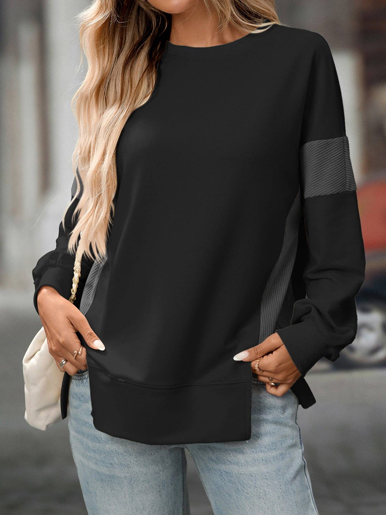 Suhkasana – wholesale Sweatshirt - Dam – Rosa färgblock rundhalsad löst sittande sweatshirt-topp21