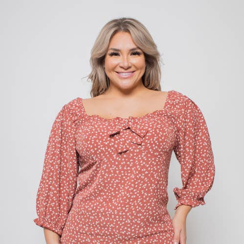 PLUS SIZE FLORAL TIE FRONT LONG SLEEVE TOP for wholesale by Curve Market